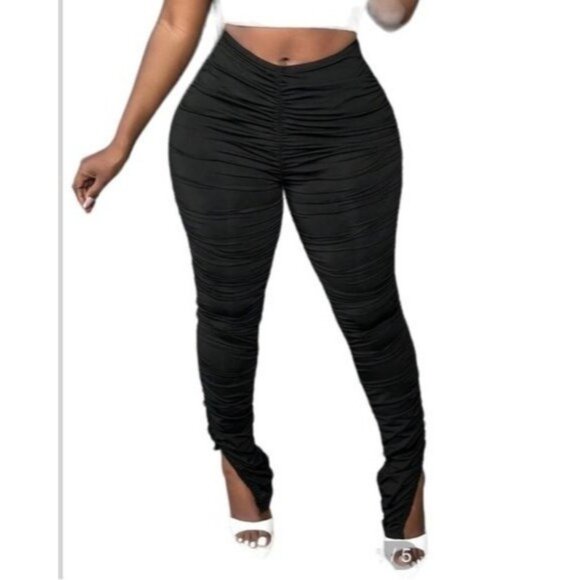 Shein Black Ruched High-Waisted Stretch Leggings Women Size M EU 38 US 6 Polyest - Picture 1 of 12